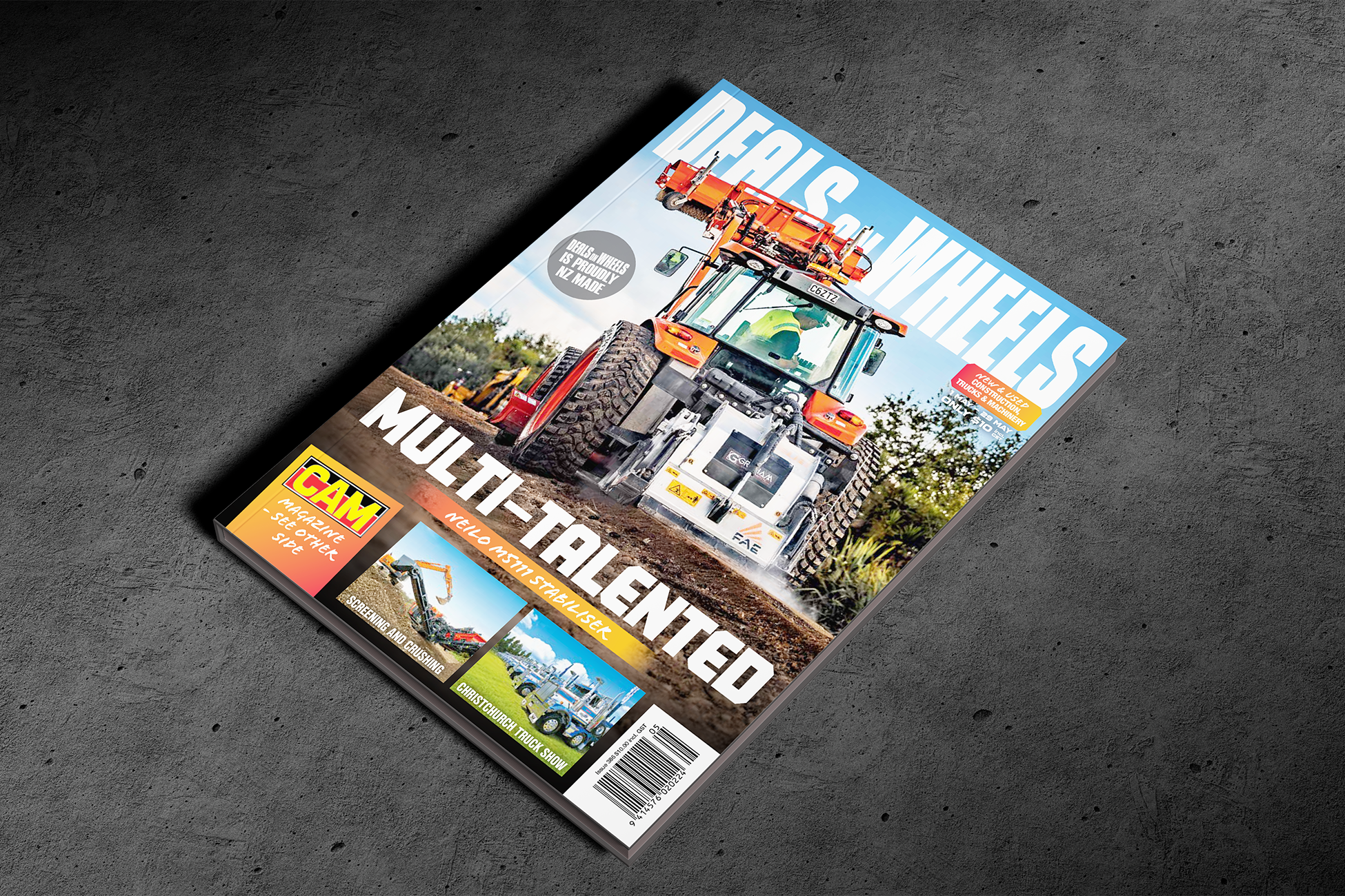 Magazine cover with a Neilo grader on a dark gray background